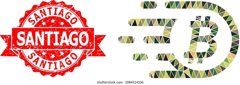 Low-Poly polygonal bitcoin military camouflage icon illustration, and Santiago unclean stamp. Red stamp contains Santiago text inside ribbon.