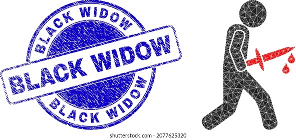 Low-Poly polygonal bloody knife killer icon illustration with Black Widow corroded stamp seal. Blue seal has Black Widow tag inside circle it. Bloody knife killer icon is filled with triangle mosaic.