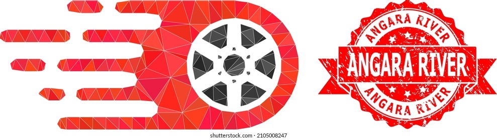 Lowpoly polygonal bolide wheel icon illustration, and Angara River grunge seal imitation. Red stamp contains Angara River title inside ribbon. Vector bolide wheel icon is filled with triangle mosaic.