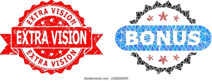 Low-Poly polygonal bonus tag icon illustration, and Extra Vision grunge stamp seal. Red stamp seal contains Extra Vision text inside ribbon. Vector bonus tag icon filled using triangle mosaic.