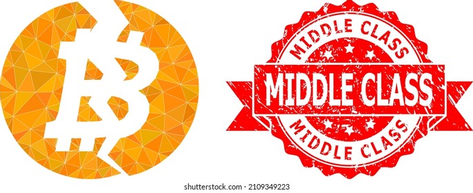 Low-Poly Polygonal Broken Bitcoin Icon Illustration, And Middle Class Corroded Seal. Red Seal Has Middle Class Title Inside Ribbon. Vector Broken Bitcoin Icon Filled Using Triangles.