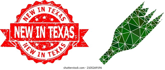 Low-Poly polygonal broken wine bottle 2d illustration, and New in Texas scratched stamp. Red stamp seal includes New in Texas title inside ribbon.