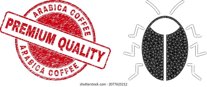 Low-Poly polygonal bug symbol illustration, and ARABICA COFFEE PREMIUM QUALITY corroded seal imitation. Red stamp seal has Arabica Coffee Premium Quality caption inside round shape.
