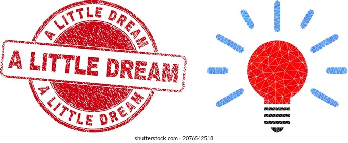 Low-Poly polygonal bulb light icon illustration with A Little Dream dirty stamp seal. Red stamp seal has A Little Dream text inside circle shape. Bulb light icon is filled using triangles.