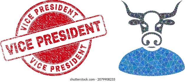 Low-Poly polygonal bull boss icon illustration, and Vice President rubber seal. Red stamp contains Vice President tag inside circle form. Bull boss icon is filled with triangles.