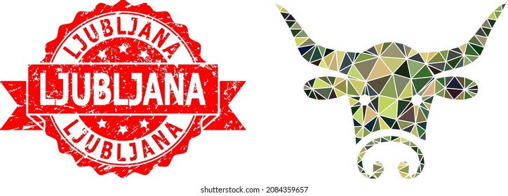 Low-Poly polygonal bull head military camouflage icon illustration, and Ljubljana dirty seal. Red seal includes Ljubljana title inside ribbon. Vector bull head icon filled using camouflage triangles.