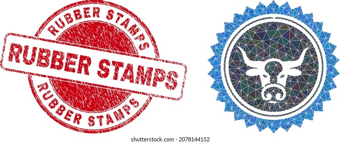 Low-Poly polygonal bull seal stamp symbol illustration, and RUBBER STAMPS corroded stamp. Red stamp seal has Rubber Stamps text inside round form. Bull seal stamp icon is filled using triangles.