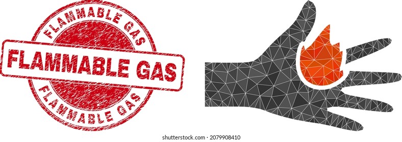 Low-Poly-Polygonal Brennen Hand 2d-Illustration mit entzündbaren Gas korrodierten Stempelsiegel. Rote Stempelversiegelung enthält Flammengastetikett in Kreisform. Handgebranntes Symbol mit Dreiecken.