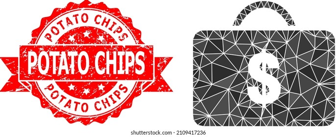 Low-Poly-Polygonal Business Case 2d Illustration, und Potato Chips Gummi Robbendruck. Rotes Siegel hat Potato Chips Titel in Band. Vektorsymbol für Geschäftsgehäuse mit Dreiecken.