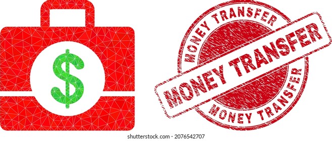 Lowpoly polygonal business case symbol illustration with Money Transfer rubber stamp. Red stamp contains Money Transfer title inside circle it. Business case icon filled with triangles.