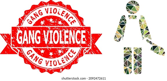 Lowpoly polygonal butcher person military camouflage icon illustration, and Gang Violence grunge seal print. Red stamp seal contains Gang Violence title inside ribbon.