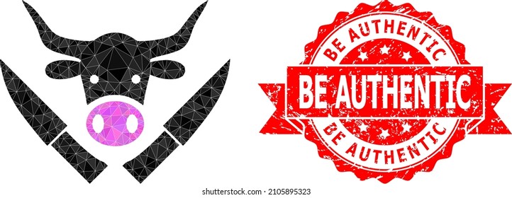 Low-Poly polygonal butchery knives 2d illustration, and Be Authentic grunge seal. Red stamp contains Be Authentic caption inside ribbon. Vector butchery knives icon is filled with triangles.