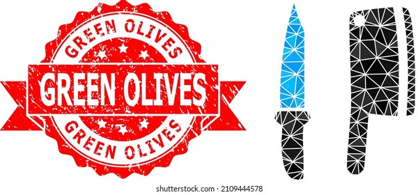 Lowpoly polygonal butchery knives icon illustration, and Green Olives dirty seal print. Red stamp seal has Green Olives caption inside ribbon. Vector butchery knives icon is filled using triangles.