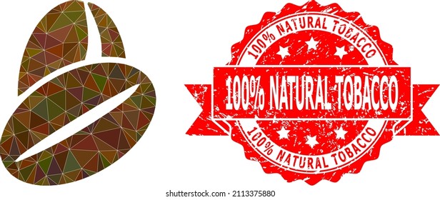 Low-Poly-Polygonal-Kakaobohnen 2d Illustration, und 100% Natural Tobacco Texturierte Stempel-Robbe. Rote Briefmarke enthält 100 % Natural Tobacco Text in der Farbleiste. Vektor-Kakaobohnen-Symbol gefüllt