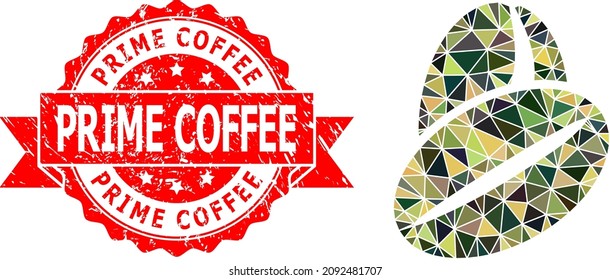 Low-Poly polygonal cacao beans military camouflage 2d illustration, and Prime Coffee grunge seal imitation. Red stamp seal contains Prime Coffee caption inside ribbon.