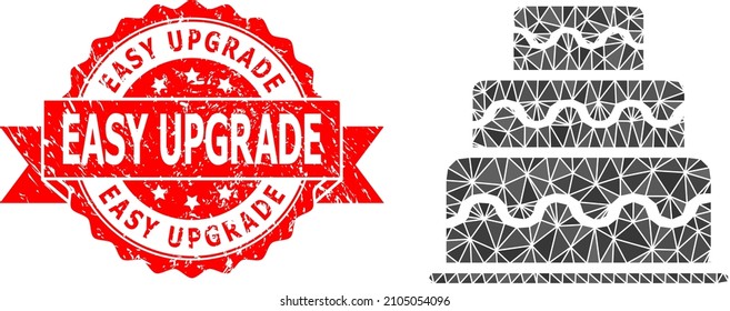 Low-Poly polygonal cake icon illustration, and Easy Upgrade rubber seal print. Red stamp seal contains Easy Upgrade title inside ribbon. Vector cake icon is filled using triangles.