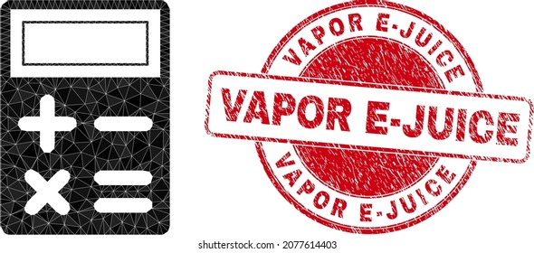 Ilustración de icono de calculadora poligonal floja con sello impuro VAPOR E-JUICE. El sello rojo incluye la etiqueta Vapor E-Juice en forma redonda. El icono de la calculadora se rellena con mosaico triangular.