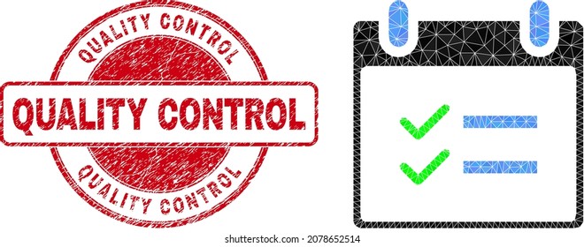 Lowpoly polygonal calendar page tasks icon illustration with Quality Control unclean stamp. Red seal includes Quality Control tag inside circle form.