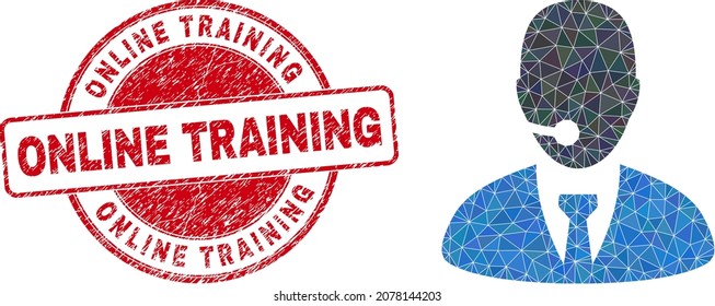 Lowpoly polygonal call center operator 2d illustration with Online Training textured seal print. Red stamp seal has Online Training title inside circle it.