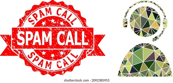 Lowpoly polygonal call center operator military camouflage symbol illustration, and Spam Call grunge seal imitation. Red stamp seal contains Spam Call title inside ribbon.