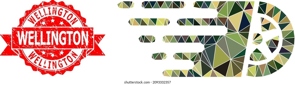 Lowpoly polygonal car wheel military camouflage 2d illustration, and Wellington textured stamp seal. Red stamp seal contains Wellington text inside ribbon.