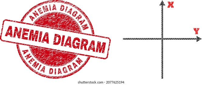 Low-Poly polygonal Cartesian axes 2d illustration with Anemia Diagram corroded stamp seal. Red seal contains Anemia Diagram text inside round shape. Cartesian axes icon filled with triangles.