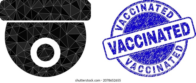 Lowpoly polygonal CCTV camera icon illustration with Vaccinated textured stamp seal. Blue seal contains Vaccinated text inside round shape. CCTV camera icon is filled with triangle mosaic.