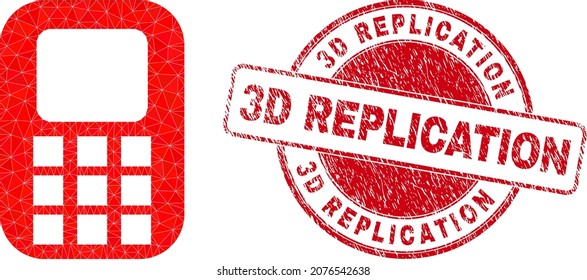 Low-Poly polygonal cellphone 2d illustration with 3D Replication textured stamp. Red stamp seal includes 3D Replication title inside circle it. Cellphone icon is filled using triangles.