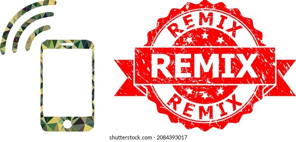 Ilustración del símbolo de camuflaje militar de señal de teléfono móvil poligonal baja y sello de grifo Remix. El sello rojo contiene la leyenda Remix dentro de la cinta.