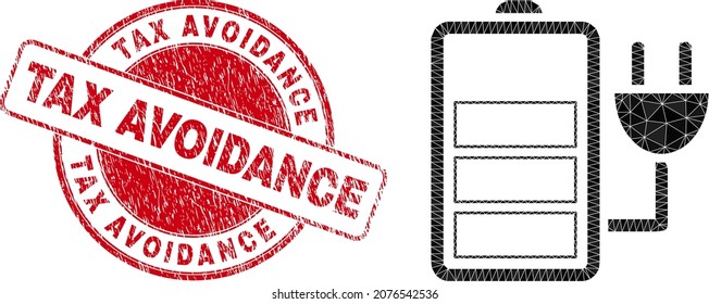 Low-Poly polygonal charge battery 2d illustration with Tax Avoidance grunge stamp seal. Red stamp seal includes Tax Avoidance caption inside round it. Charge battery icon is filled with triangles.