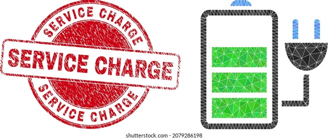 Lowpoly polygonal charge battery icon illustration with Service Charge grunge seal imitation. Red seal includes Service Charge tag inside circle it. Charge battery icon filled with triangles.