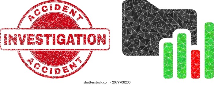 Low-Poly polygonal charts folder 2d illustration with ACCIDENT INVESTIGATION scratched seal imitation. Red stamp seal includes Accident Investigation title inside circle shape.