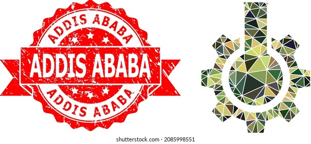 Lowpoly polygonal chemical industry military camouflage icon illustration, and Addis Ababa grunge seal imitation. Red stamp contains Addis Ababa title inside ribbon.