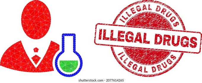 Low-Poly-Polygonal Chemie Wissenschaftler 2d Illustration mit Illegal Drugs unklar Stempel versiegeln. Der rote Stempel enthält den Text Illegal Drugs in seiner Umlaufbahn. Das Symbol des Chemiewissenschafters ist voller Dreiecke.