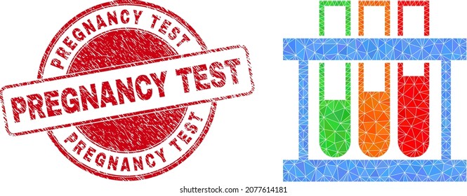 Low-Poly polygonal chemical test tubes icon illustration with Pregnancy Test rubber seal imitation. Red seal has Pregnancy Test caption inside circle shape.