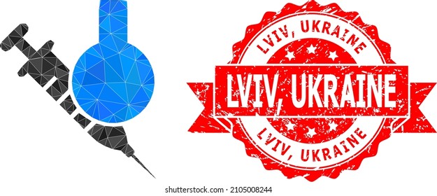 Lowpoly polygonal chemical vaccine icon illustration, and Lviv, Ukraine textured seal imitation. Red seal has Lviv, Ukraine tag inside ribbon. Vector chemical vaccine icon is filled using triangles.