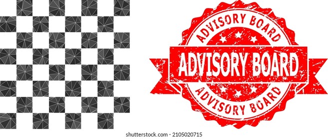 Low-Poly Polygonal Chess Board Icon Illustration, And Advisory Board Dirty Seal Print. Red Seal Has Advisory Board Tag Inside Ribbon. Vector Chess Board Icon Is Filled Using Triangle Mosaic.