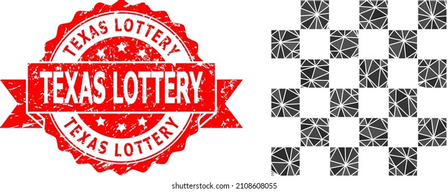 Low-Poly polygonal chess board icon illustration, and Texas Lottery textured seal. Red seal contains Texas Lottery text inside ribbon. Vector chess board icon is filled with triangle mosaic.