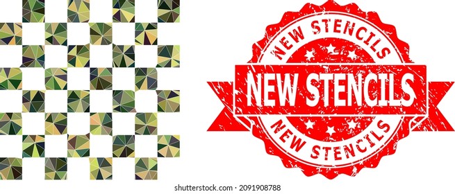 Lowpoly polygonal chess board military camouflage icon illustration, and New Stencils dirty stamp. Red stamp seal includes New Stencils caption inside ribbon.