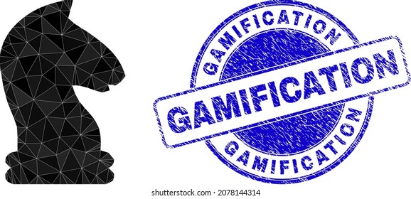 Low-Poly polygonal chess knight icon illustration with Gamification textured stamp seal. Blue seal has Gamification tag inside round form. Chess knight icon filled using triangle mosaic.