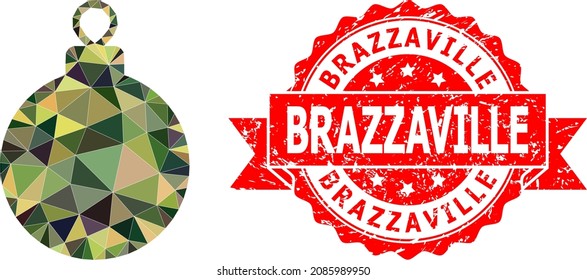 Low-Poly polygonal christmas ball military camouflage icon illustration, and Brazzaville rubber seal print. Red stamp seal has Brazzaville title inside ribbon.