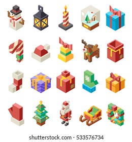 Lowpoly Polygonal Christmas Isometric Icons Set Flat Cartoon Design Vector Illustration