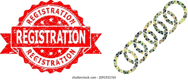 Low-Poly polygonal circle chain military camouflage symbol illustration, and Registration grunge stamp seal. Red stamp seal contains Registration tag inside ribbon.