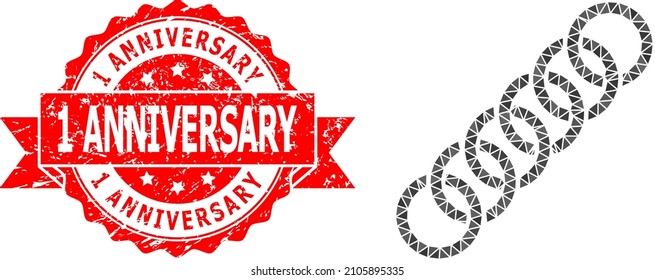 Ilustración del símbolo de la cadena del círculo poligonal flojo y sello grunge de 1 aniversario. El sello rojo contiene un título de aniversario dentro de la cinta. El icono de la cadena de círculo vectorial se rellena con triángulos.