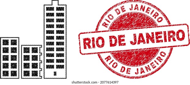 Lowpoly polygonal city buildings icon illustration, and RIO DE JANEIRO rubber watermark. Red stamp seal includes Rio De Janeiro tag inside round form. City buildings icon is filled with triangles.