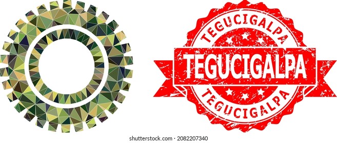Lowpoly polygonal clock gear military camouflage icon illustration, and Tegucigalpa corroded seal imitation. Red stamp seal includes Tegucigalpa text inside ribbon.
