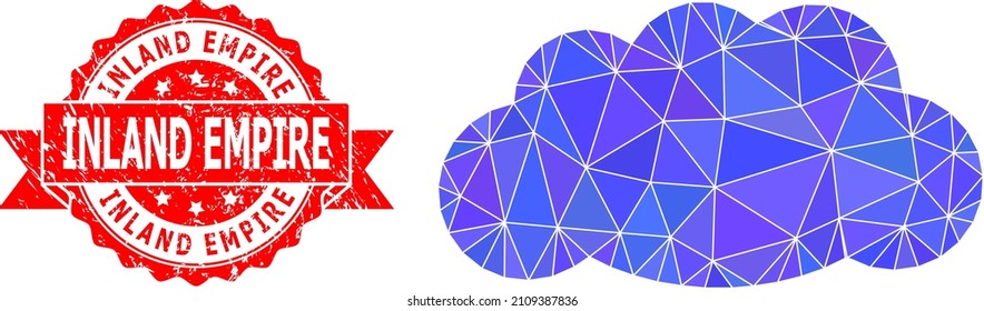 Low-Poly Polygonal Cloud Icon Illustration, And Inland Empire Scratched Stamp Seal. Red Stamp Seal Has Inland Empire Caption Inside Ribbon. Vector Cloud Icon Filled Using Triangle Mosaic.