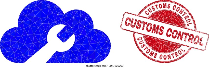 Lowpoly polygonal cloud wrench 2d illustration with Customs Control textured stamp seal. Red stamp seal has Customs Control caption inside circle shape. Cloud wrench icon filled with triangles.