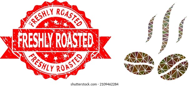 Low-Poly-Polygonal-Kaffeebohnen riechen Symbol-Illustration und frisch geröstete schmutzige Stempeldichtung. Rote Briefmarke hat Freshly Roasted Titel in Band.