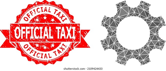 Low-Poly polygonal cogwheel icon illustration, and Official Taxi rubber seal imitation. Red stamp seal contains Official Taxi caption inside ribbon.